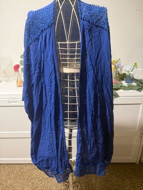 Open-Front Crochet Trim Kimono Cardigan - Royal Blue